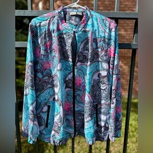 Chico's Vibrant Paisley Bomber Jacket - Blue, Pink, Black
